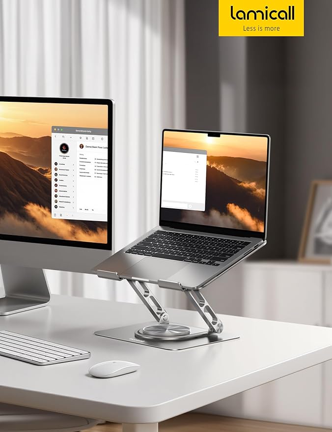 Lamicall Adjustable Laptop Stand for Desk - 360 Rotating Base Ergonomic Computer Stand, Aluminum Laptop Riser Foldable Protable for Office Home fits MacBook Neo Air Pro, Dell, HP (10-17.3'') -Sliver