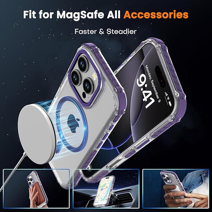 DEERLAMN Strong Magnetic Case for iPhone 16 Pro 6.3-Inch,[Compatible with Magsafe] Clear Slim Shockproof Protective Phone Cover for Women Men-Transparent+Purple