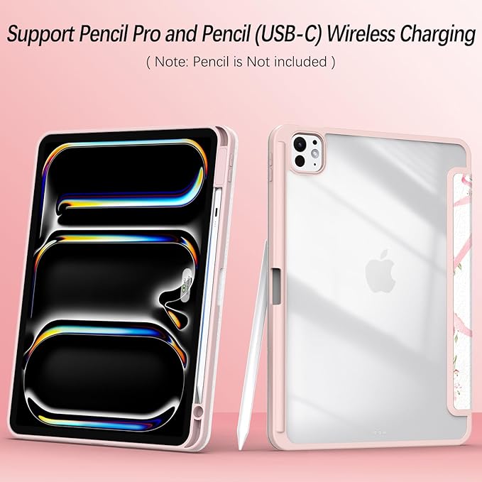Case for iPad Pro 11-Inch M5/M4 2025/2024 (6th/5th Generation), Case with Pencil Holder, Clear Back Cover Cute Cool Design for Women Girls, Auto Sleep/Wake, Bow Tulip