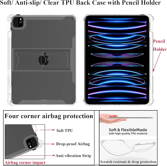 Clear Back Case for iPad 10.2 inch (2021/2020/2019),iPad 9th/8th/7th Generation Cover with Pencil Holder & Kickstand Anti-Slip Transparent Soft Shockproof TPU Case [Corners Protection],Clear