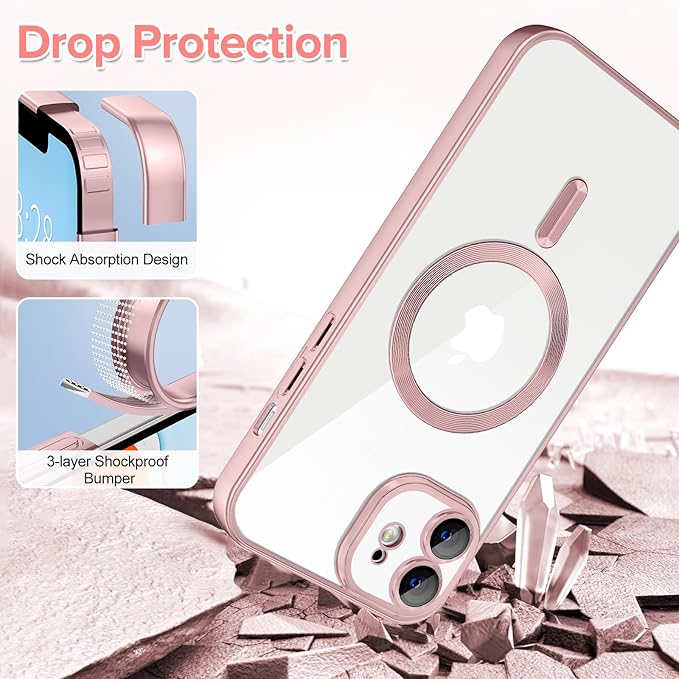 Hython Magnetic Clear for iPhone 11 Case with Camera Lens Protector [Compatible with MagSafe] Luxury Plating Edge Slim Soft TPU Cover Protective Phone Case for iPhone 11 6.1", Matte Pink