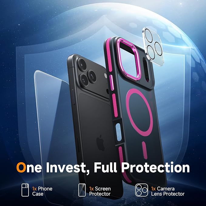 Magnetic 3 in 1 for iPhone 17 Pro Case, [Omni-Directional Protection] with 1x Screen Protector + 1x Camera Cover, [Seamless Work with Magsafe] Shockproof Slim Thin Case for iPhone 17 Pro Hot Pink