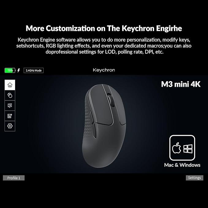Keychron M3 Mini 4K Wireless Bluetooth 5.1/2.4 GHz/Wired Optical Mouse, Ultra-Lightweight 55g Programmable PixArt 3395 Sensor with up to 26,000 DPI/ 650 IPS for Windows Mac Linux - Black