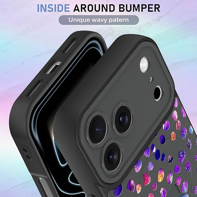 KANGHAR Compatible with iPhone 17 Pro Case, Support for MagSafe, Silicone Cute Iridescent Pattern Leopard Print Cheetah, Wristband Kickstand Shockproof Soft Slim Cover for Girls Women, Black