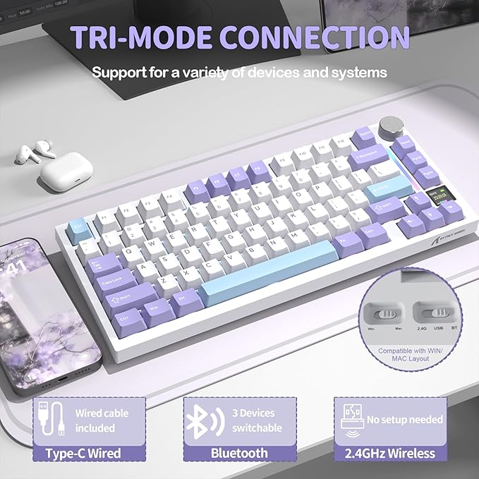 ATTACK SHARK X820 Ultra 75% Wireless Gaming Mechanical Keyboard Hot-Swappable Gasket Mount RGB Backlit BT/2.4G/Wired Custom Keyboard with Smart TFT Display&Knob QMK Driver-Starlight White&Gift Switch