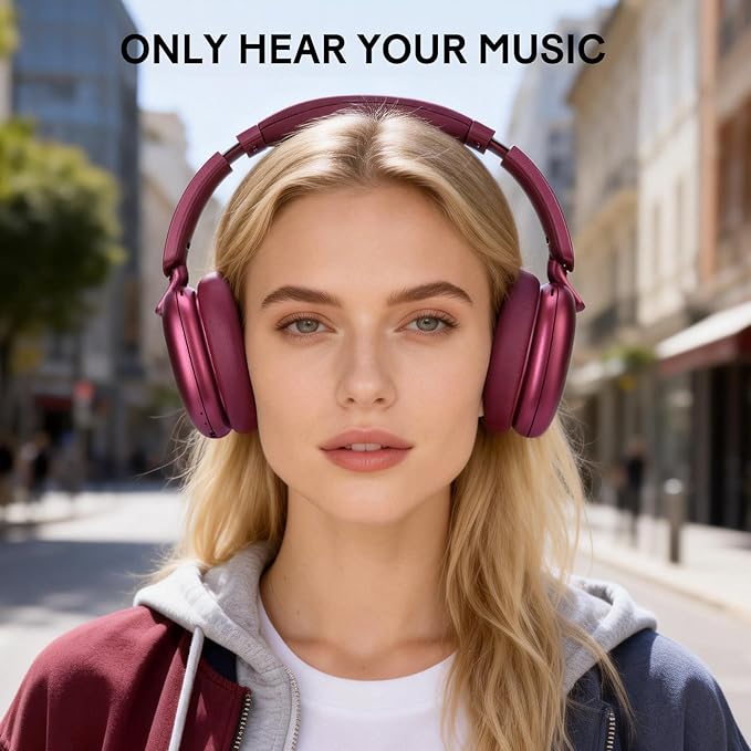 C6 Active Noise Cancelling Headphones, Wireless Over Ear Bluetooth Headphones, 60H Playtime, Lightweight Folding Deep Bass Comfort Fit Ear Cups Headset with Mic for iPad/Travel/PC/Home Red