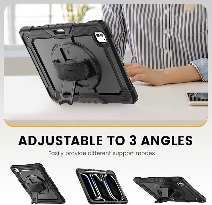 timecity Case for iPad Pro 13 Inch M5 2025 / M4 2024, 360° Rotating Stand, Pencil Holder & Wireless Charging, Shockproof with Screen Protector & Shoulder Strap - for Designers & Professionals, Black