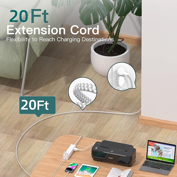 Power Strip Surge Protector with 12 AC Outlets & 4 USB Ports, 20FT Long Extension Cord, Flat Plug, Wall Mount, 1050J Overload Protection, Outlet Extender for Home Office Garage Workshop, ETL Listed