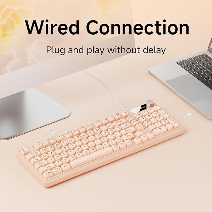 EWEADN V102 Wired Keyboard, 98 Keys Creamy Gaming Keyboard with Number Pad, Display Screen & Media Knob RGB Silent Wired Cute Computer Keyboard for Laptop PC Gamer - Cream Pink