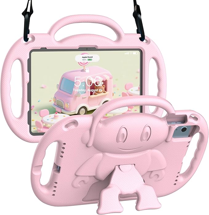 Kids Case for iPad A16 11" 2025 (11th Gen) & 10th Generation 10.9" 2022 & iPad Air 11" M3/M2 & Air 5th/4th Gen & Pro 11, Durable Shockproof Cover with Shoulder Strap Handle Stand, Light Pink