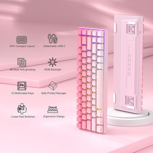 MageGee Portable 60% Mechanical Gaming Keyboard, RGB Backlit Compact 68 Keys Mini Wired Office Keyboard with Red Switches for Laptop PC Mac, Side Printed Keycap - Pink