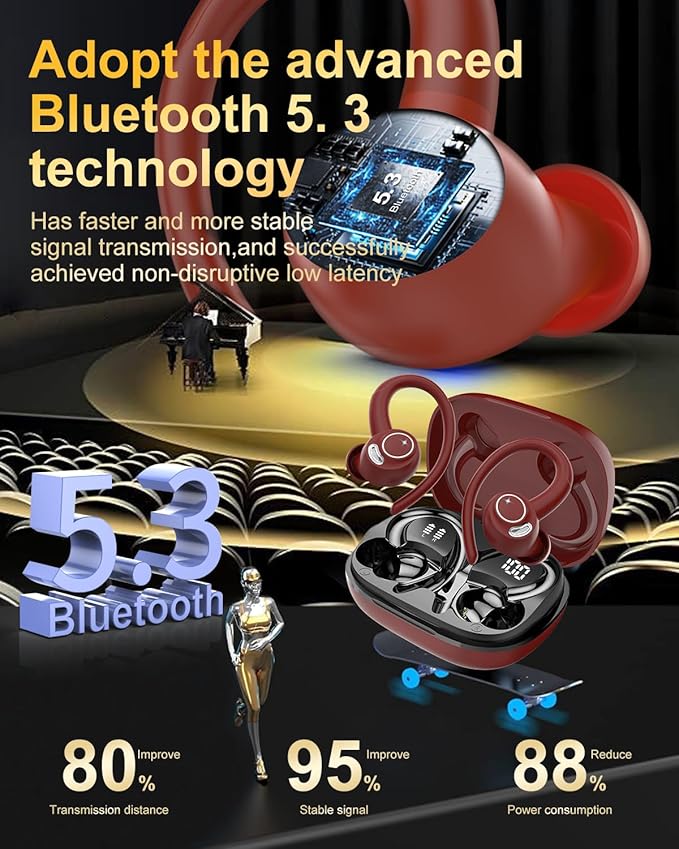 Jesebang Wireless Earbuds Bluetooth 5.4 Headphones Sport, 2025 Wireless Earphones with Earhooks, HiFi Stereo Deep Bass with ENC Mic, 40H Dual LED Display, IP7 Waterproof Ear Bud for Small Ear, Red