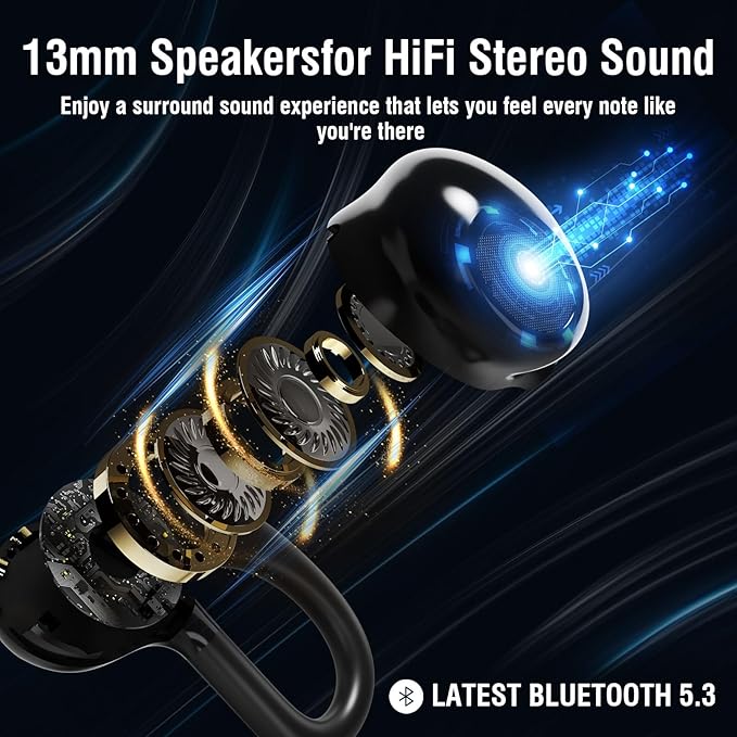 ZER-LON Wireless Earbuds, Bluetooth 5.3 Headphones 60hrs Playtime Noise Cancelling Wireless Headphones Waterproof Over-Ear Buds with Earhooks Built-in Mic Headset for Workout Sports (Black)
