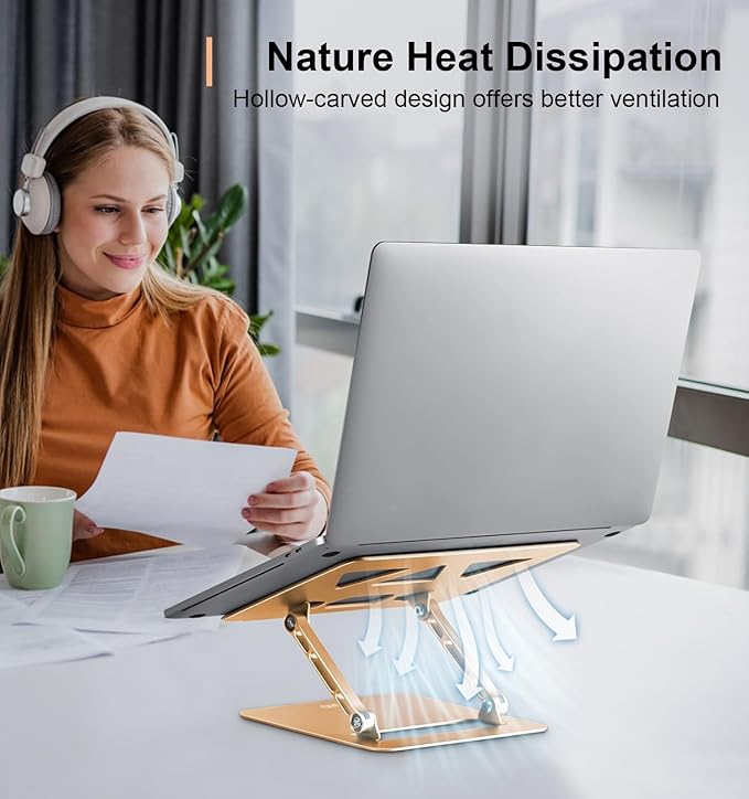 Aoviho Adjustable Laptop Stand for Desk,Portable Laptop Stand Holder and Riser,Foldable Aluminum Notebook Computer Stands for MacBook Air Pro HP Lenovo Dell Samsung Chromebook, 10-15.6 inch, Gold