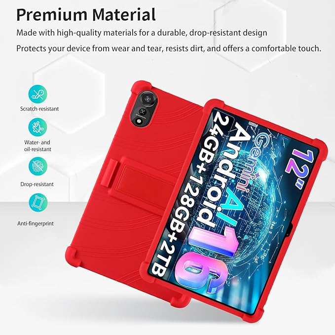 for Nexall N90 Tablet Case 12Inch, Shockproof Four Corner Airbag Protection,Soft Silicone Edge Cover with Built-in Stand,Heavy Duty Protective Sleeve for Nexall N90,Red
