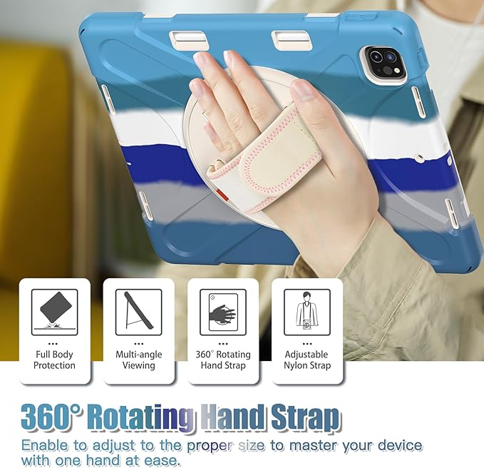 Batianda Case for New iPad Pro 11-inch 2025 M5 2024 M4 Chip Heavy Duty Rugged Durability Silicone Tablet Cover with 360° Rotating Hand Strap Foldable Hidden Stand & Shoulder Strap, Colorful Blue
