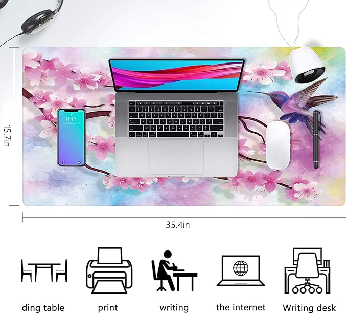 Extended Large Gaming Mouse Pad Spring Peach Blossoms and Hummingbirds XXL Size Keyboard Mouse Mat Desk Pad with Non Slip Rubber Base Stitched Edges Office Decor for Women Girls Men,35.4 x 15.7inch