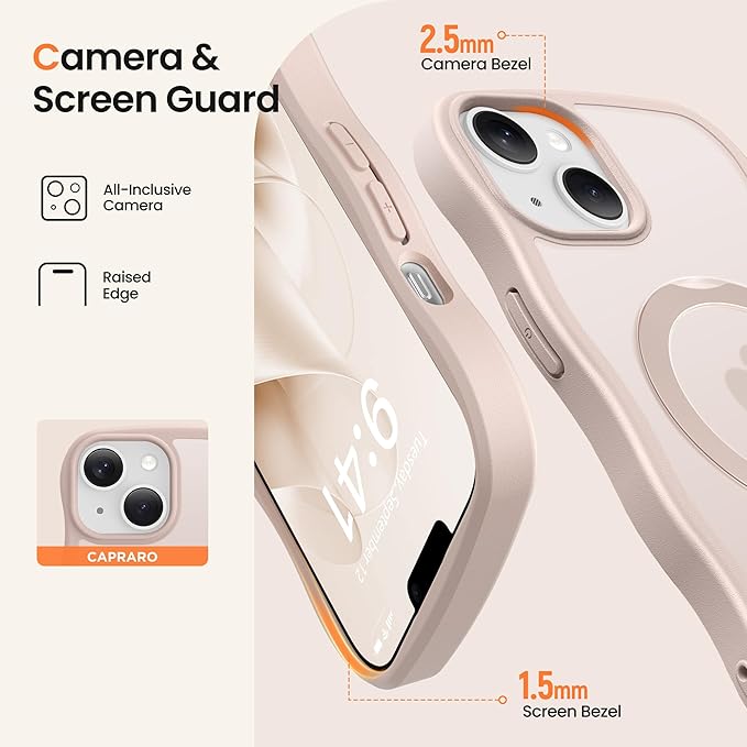 CAPRARO for iPhone 13 Case & iPhone 14 Case with 360° Spin Magnetic Stand for Women, [Compatible with MagSafe] [Camera Protection] Cute Wave Translucent Matte Case for iPhone 13/14, Rose Gold
