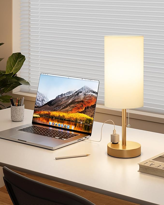 Fenmzee Plus Gold Bedside Lamps Set of 2-3 Color Temperatures Pull Chain Lamp with AC Outlet Charging Port, Round Night Stand Lamps for Bedroom, Bed Side Light with E26 LED Bulbs