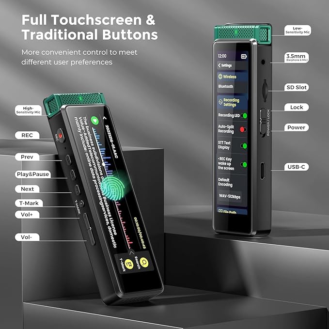 136GB Digital Voice Recorder with Playback, Innioasis R1 Full Touchscreen Voice Recorder with Bluetooth, Voice Activated Sound Audio Recorder Device with Mic (Green)