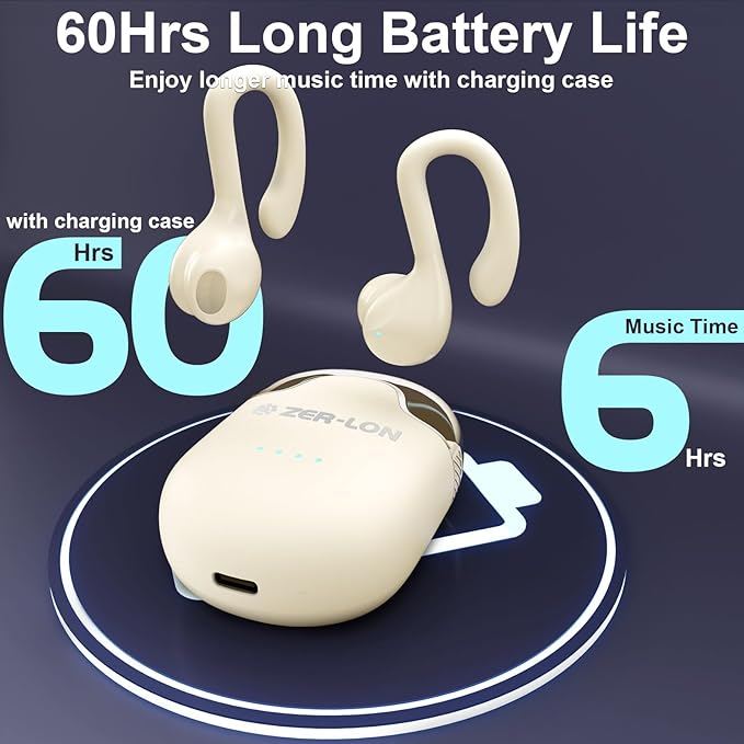ZER-LON Wireless Earbuds, Bluetooth 5.3 Headphones 60hrs Playtime Noise Cancelling Wireless Headphones Waterproof Over-Ear Buds with Earhooks Built-in Mic Headset for Workout Sports (Cream)