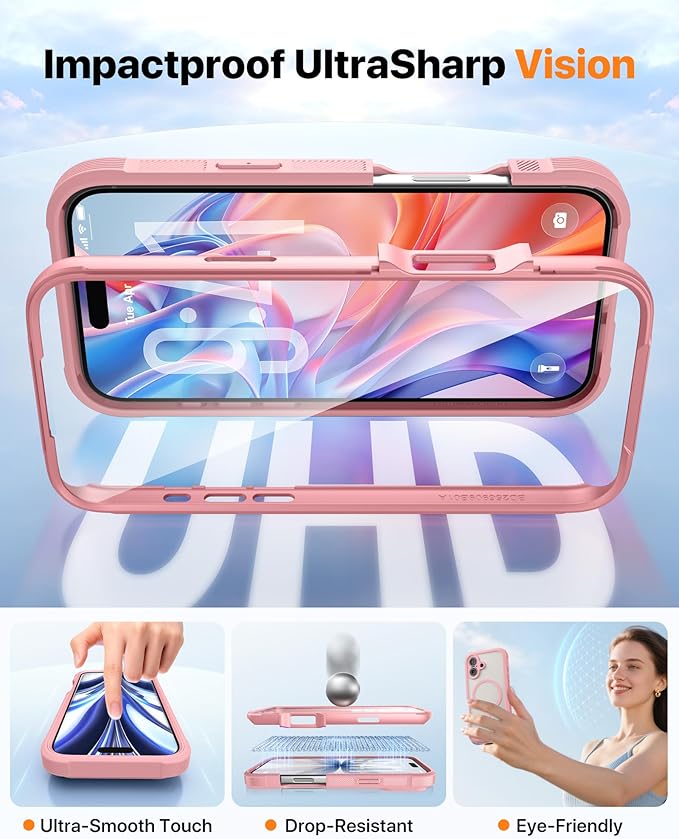 Diaclara Magnetic Designed for iPhone 17 Case Full Body Bumper,[Compatible with MagSafe] Military Drop Proof Cover with Built-in Touch Sensitive Anti-Scratch Screen Protector,Pink