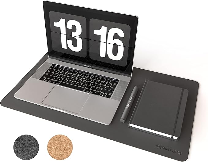 RENMTURE Dual-Sided Mouse Pad, Natural Cork & PU Leather Large Desk Pad for Office and Home Work, Desk Protector Non-Slip, Waterproof, Easy Clean (Black, 23.6" x 13.7")