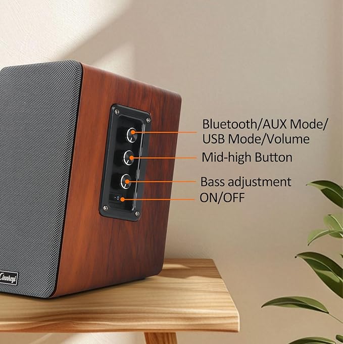 50W Wooden Bookshelf Speakers, Passive 2.0 Computer Speakers | Bluetooth, RCA, AUX (3.5mm), USB Inputs | Strong Bass PC Speakers for TV, Laptop, Turntable
