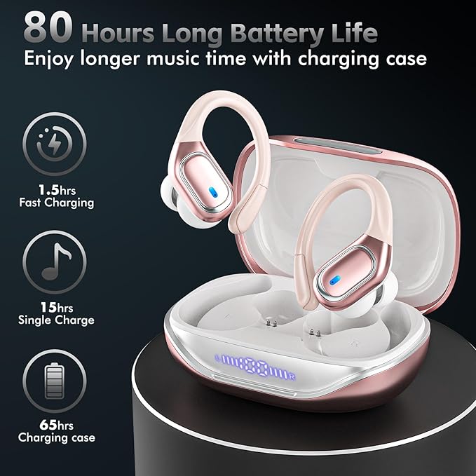 HAOYUYAN Wireless Earbuds Bluetooth 5.3 Headphones with 80H Playback, IPX7 Waterproof Over Ear Buds with LED Power Display for Sports Running Workouts（Champagne Gold）