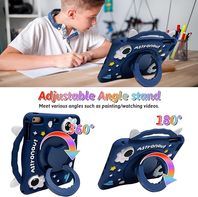 Dteck for iPad 9th/8th/7th Generation Case 10.2",Cute Cartoon Funda 3D Unique Design Light Rotating Handle Stand Shoulder Strap Soft Silicone Drop Rugged Shockproof Protective Kid-Proof Case,Astronaut