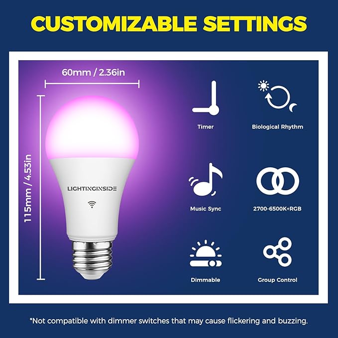 Lightinginside Smart Light Bulbs 100W Equiv., 1350LM 11W Smart Bulb Works with Alexa/Google Home/SmartLife, A19 E26 RGBCW Color Changing, No Hub Required, 2.4G WiFi Bluetooth Bulb, ETL Listed, 6PCS