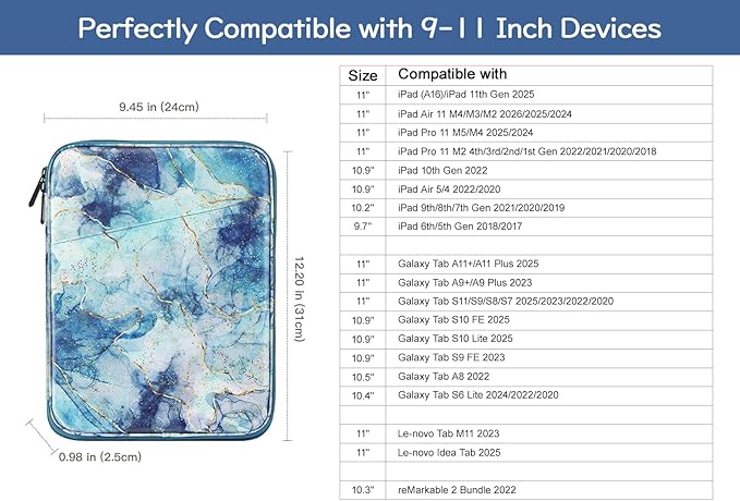 Dadanism 9-11" Tablet Sleeve Bag Carrying Case for iPad (A16) 11th Gen 11", iPad 10th Gen 10.9" Air 5/4, iPad Air M4/Pro 11", iPad 9/8/7th, Galaxy Tab A11+ Plus 11", Remarkable 2 10.3", Marble Blue