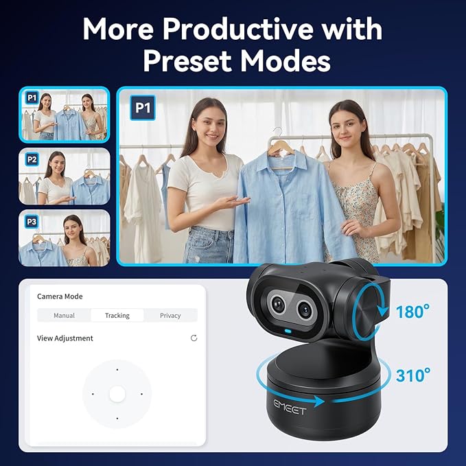 EMEET PIXY Dual-Camera AI-Powered PTZ Camera 2K, AI Tracking, PDAF&AI Autofocus 0.2s, 1/2.55'' Sony Sensor, 3 Mics, Presets, Gesture Control, 2K Webcam for Streaming and OBS/Twitch/Switch 2 Compatible