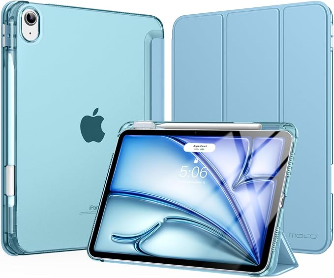 MoKo for iPad Air 11 inch Case (M4/M3/M2) 2026/2025/2024, iPad Air 5th/4th Gen 10.9 inch Case 2022/2020 with Pencil Holder, Slim Light Trifold Cover with Hard PC Translucent Back Shell, Misty Blue