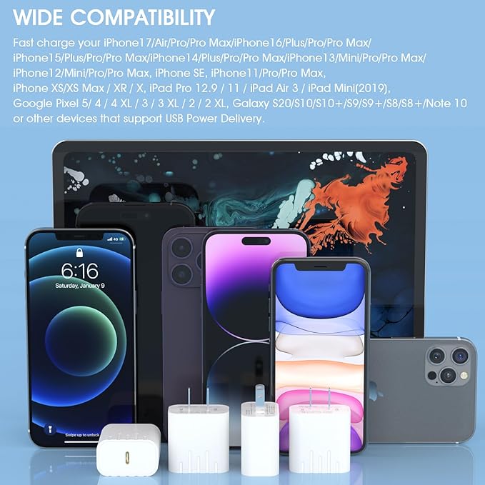 8Pack USB C Charger Block, iGENJUN 20W for Phone Fast Charger Wall Charger with PD 3.0, Compact Type C Power Adapter for Phone 17/16/15/14, Galaxy, Pixel, AirPods Pro (Arctic White)