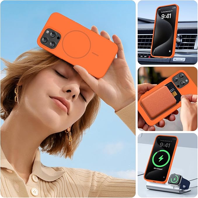 Miracase Magnetic for iPhone 15 Pro Max Case, [Soft Anti-Scratch Microfiber Lining], Compatible with MagSafe, Liquid Silicone Case Shockproof Drop Protection Phone Case for 15 ProMax, Orange