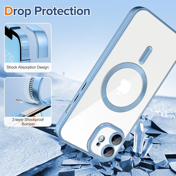 Hython Magnetic Clear for iPhone 11 Case with Camera Lens Protector [Compatible with MagSafe] Luxury Plating Edge Slim Soft TPU Cover Protective Phone Case for iPhone 11 6.1", Matte Light Blue