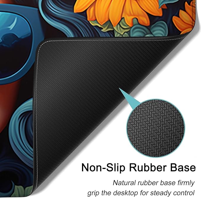 Large Mouse Pad, 31.5 x 11.8in Extended Gaming Mouse Pad with Stitched Edges, XXL Desk pad Protector Non Slip Rubber Base for Office Home Writing Mat,African American Pretty Girl Sunflower Woman
