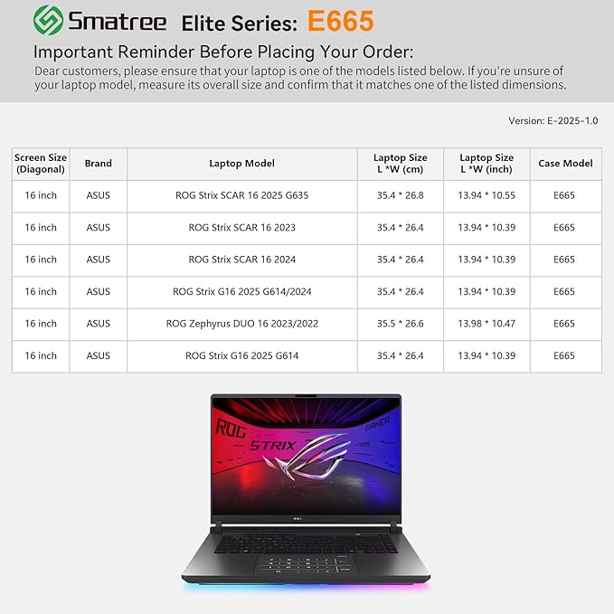 Smatree Laptop Sleeve for 16 inch ASUS ROG Strix Scar 16 2025/2024/2023, for 16 inch ROG Strix G16 2025/2024, for ASUS ROG Duo 16 2023/2022, Case with Pocket, Patented Shockproof Design (E665)