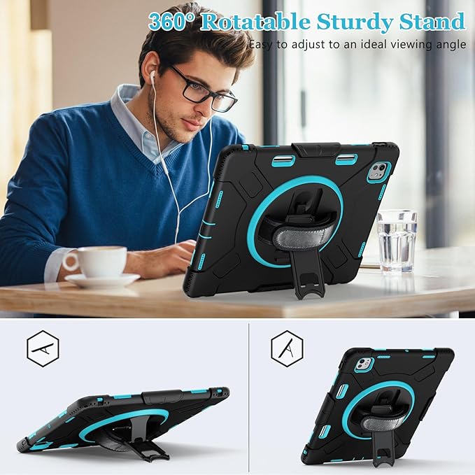 Case for iPad Pro 13 Inch M5 2025/ M4 2024: Military Grade Cover for iPad Pro 13" with Screen Protector - Stand - Handle - Shoulder Strap - Pencil Holder- Mint Green