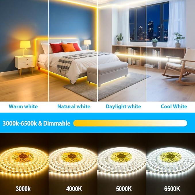 White LED Strip Lights 3000K-6500K 100ft Dimmable, Smart Strip Light Alexa Compatible, 24V WiFi Flexible Tape LED with APP & RF Remote, Cabinet Lighting Self-Adhesive for Room, Kitchen