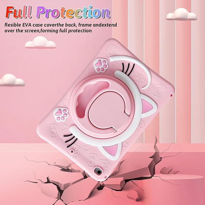 Dteck for iPad 10.9" 10th Generation Case Kids,Cute Cartoon 3D Unique Design Light Rotating Handle Stand Shoulder Strap Soft Silicone Funda Drop Rugged Shockproof Protective Kid-Proof Case,Cat