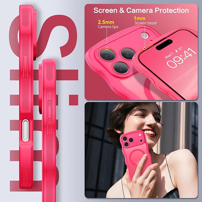 BENTOBEN Magnetic for iPhone 17 Pro Case, Cute Wavy Full Camera Protection [Compatible with MagSafe] Matte Anti-Slip Bumper Women Girls Boys Protective Cover for 17 Pro 6.3", Hot Pink