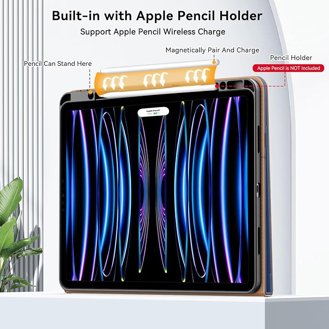 Zonefoker for New iPad Pro 12.9 Case 6th/5th/4th/3rd Generation 2022/2021/2020/2018, 12.9 inch ipad Pro Leather Folio Cover with Pencil Holder, Multi-Angle Viewing Stand, Auto Wake/Sleep, Navy Blue