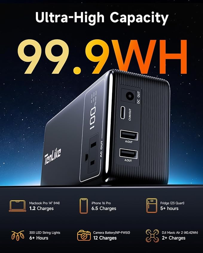 Portable Power Station with AC Outlet Power Bank for Camping Essentials Small Electric Mini Generator Large Lithium Battery Plug in Output 60W Type-C Laptop Home Backup Outdoor Emergency 99.9Wh, Black