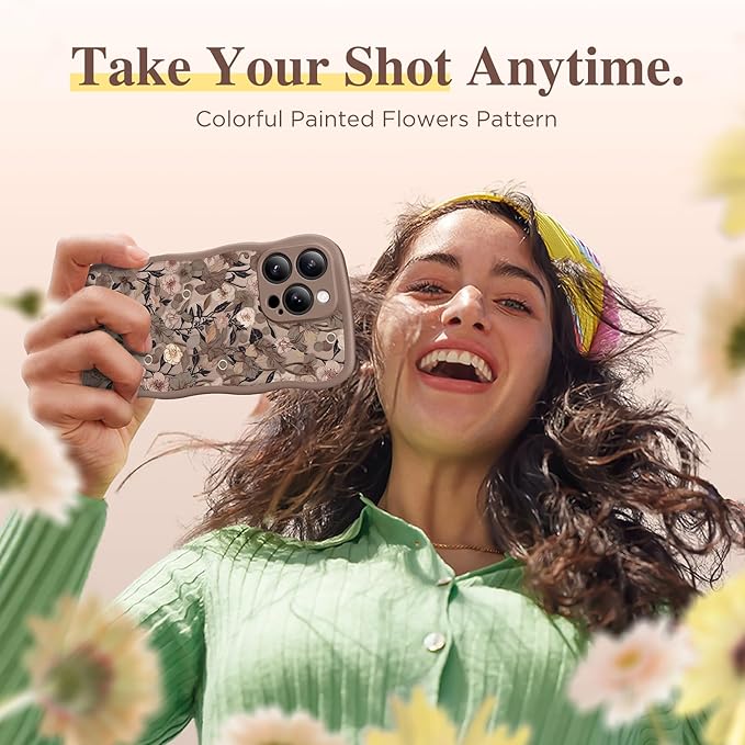 GVIEWIN for iPhone 15 Pro Case Compatible with MagSafe [Curly Wave Edge][Full Camera Protection] Floral Translucent Shockproof Magnetic Women Phone Case for iPhone 15 Pro 6.1'', Apricot Blossom/Brown