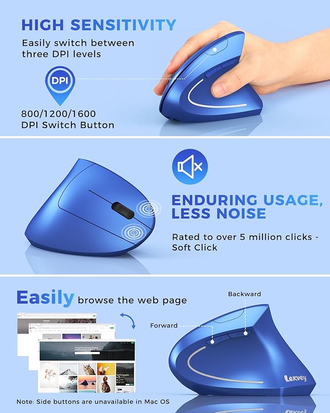 Lekvey Ergonomic Mouse, Vertical Wireless Mouse Rechargeable 2.4G USB Optical Carpal Tunnel Mice : 3 DPI 800/1200/1600 Levels 6 Buttons, for Laptop, PC, Mac, Computer, Desktop, Notebook etc, Blue