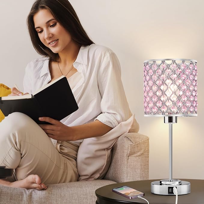GyroVu Crystal Table Lamp, Bedside Crystal Lamp, Dimmable Touch Nightstand Lamp with USB-C+A Charging Ports Pink Night Lights Decorative Accent Lamp for Bedroom, Living Room, Office, Girls Room