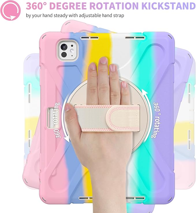 Batianda Case for New iPad Pro 11-inch 2025 M5 2024 M4 Chip Heavy Duty Rugged Durability Silicone Tablet Cover with 360° Rotating Hand Strap Foldable Hidden Stand & Shoulder Strap, Colorful Pink