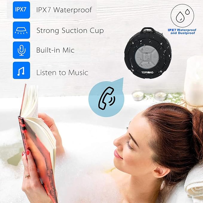 Portable Shower Speaker, IPX7 Waterproof Wireless Outdoor Speaker with HD Sound, 2 Suction Cups, Built-in Mic, Hands-Free Speakerphone for Bathroom, Pool, Beach, Hiking, Bicycle(Grey)